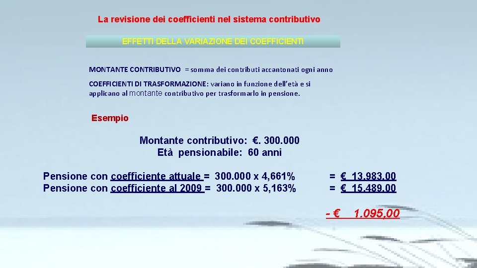 La revisione dei coefficienti nel sistema contributivo EFFETTI DELLA VARIAZIONE DEI COEFFICIENTI MONTANTE CONTRIBUTIVO