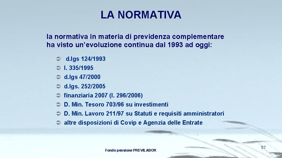 LA NORMATIVA la normativa in materia di previdenza complementare ha visto un’evoluzione continua dal