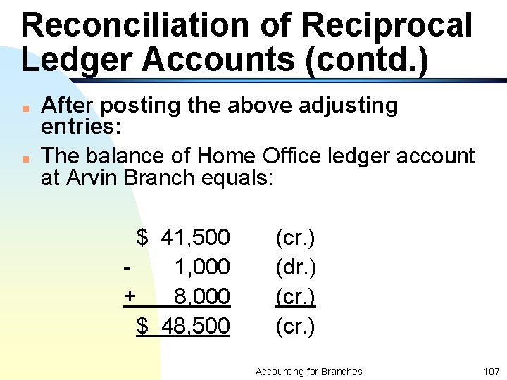 Reconciliation of Reciprocal Ledger Accounts (contd. ) n n After posting the above adjusting