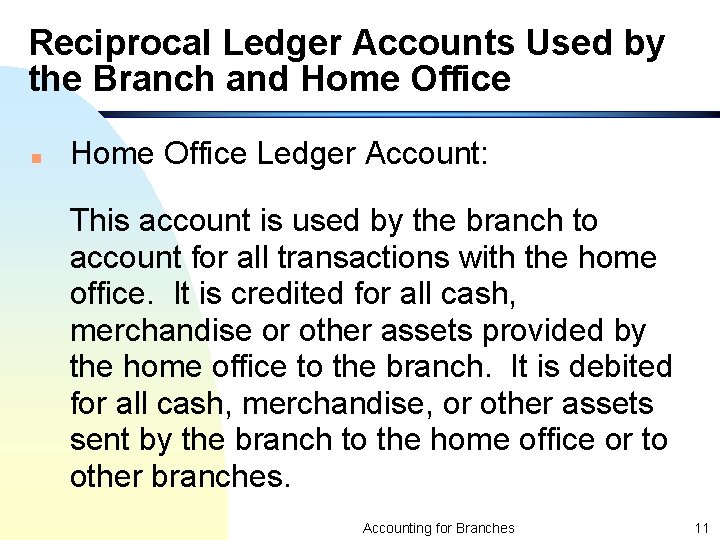 Reciprocal Ledger Accounts Used by the Branch and Home Office n Home Office Ledger