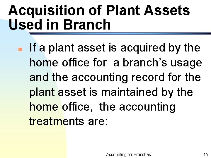 Acquisition of Plant Assets Used in Branch n If a plant asset is acquired