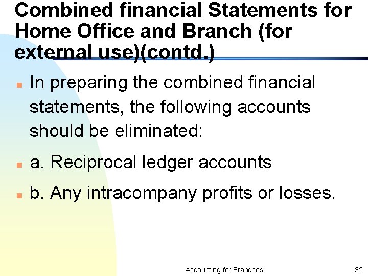 Combined financial Statements for Home Office and Branch (for external use)(contd. ) n In
