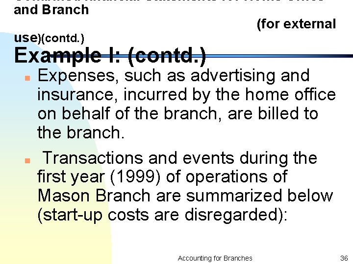 Combined financial Statements for Home Office and Branch (for external use)(contd. ) Example I: