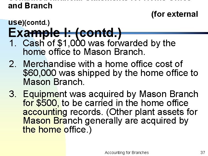 Combined financial Statements for Home Office and Branch (for external use)(contd. ) Example I: