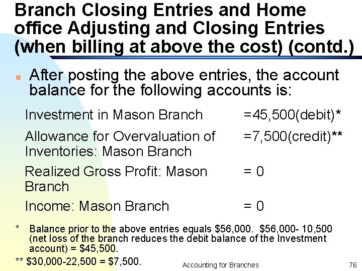 Branch Closing Entries and Home office Adjusting and Closing Entries (when billing at above