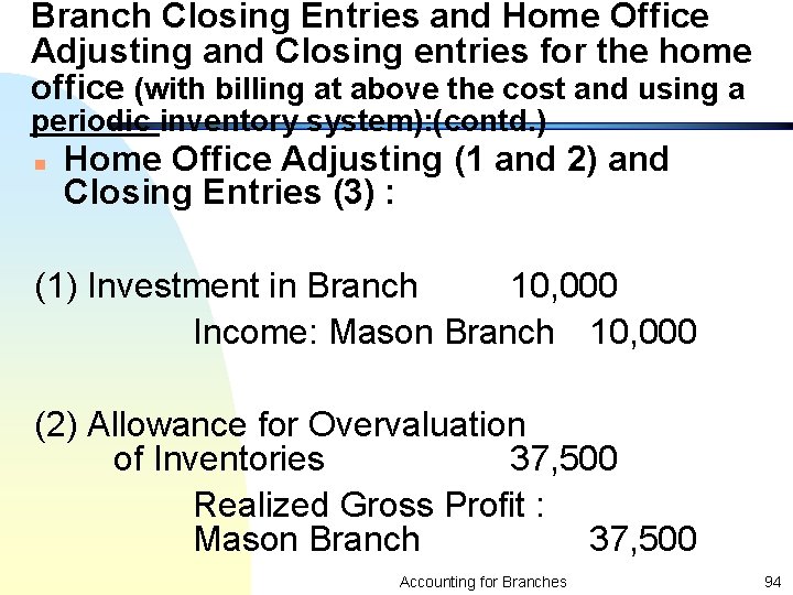 Branch Closing Entries and Home Office Adjusting and Closing entries for the home office