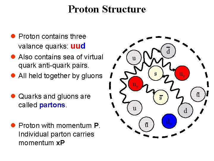 Proton Structure l Proton contains three valance quarks: uud l Also contains sea of