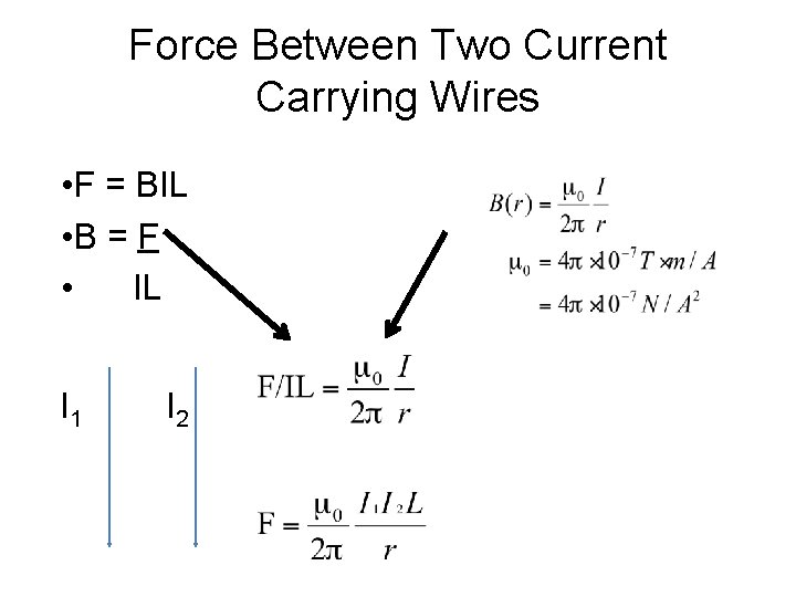 Force Between Two Current Carrying Wires • F = BIL • B = F