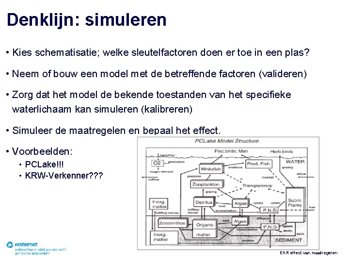 Denklijn: simuleren • Kies schematisatie; welke sleutelfactoren doen er toe in een plas? •