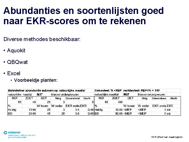 Abundanties en soortenlijsten goed naar EKR-scores om te rekenen Diverse methodes beschikbaar: • Aquokit