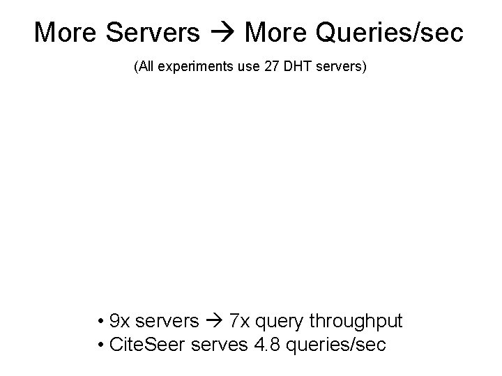 More Servers More Queries/sec (All experiments use 27 DHT servers) • 9 x servers