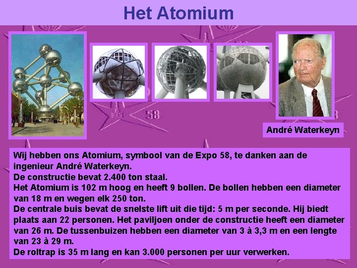 Het Atomium André Waterkeyn Wij hebben ons Atomium, symbool van de Expo 58, te