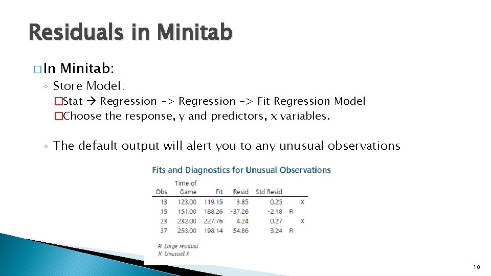 Residuals in Minitab � In Minitab: ◦ Store Model: �Stat Regression -> Fit Regression