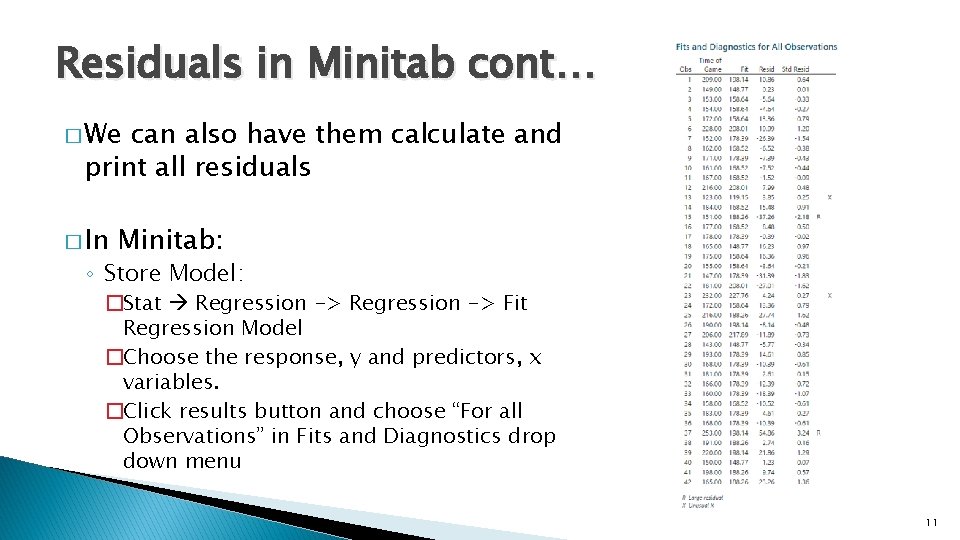 Residuals in Minitab cont… � We can also have them calculate and print all