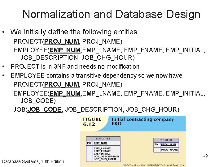 Normalization and Database Design • We initially define the following entities PROJECT(PROJ_NUM, PROJ_NAME) EMPLOYEE(EMP_NUM,