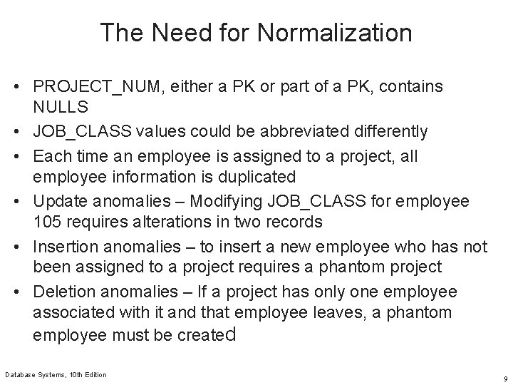 The Need for Normalization • PROJECT_NUM, either a PK or part of a PK,