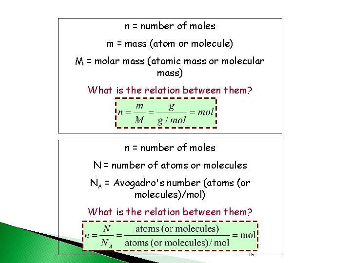 n = number of moles m = mass (atom or molecule) M = molar