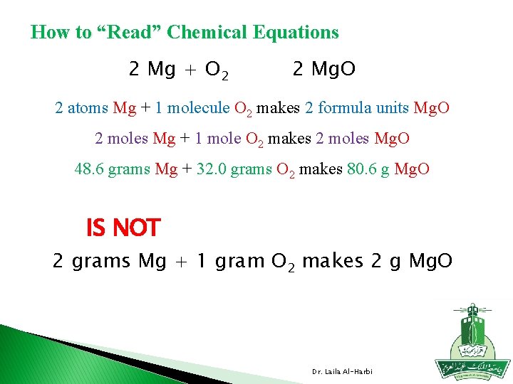 How to “Read” Chemical Equations 2 Mg + O 2 2 Mg. O 2