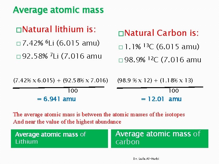 Average atomic mass � Natural � 7. 42% 6 Li lithium is: (6. 015