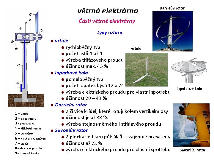 větrná elektrárna Darrieův rotor Části větrné elektrárny typy rotoru 1 – vrtule 2 –