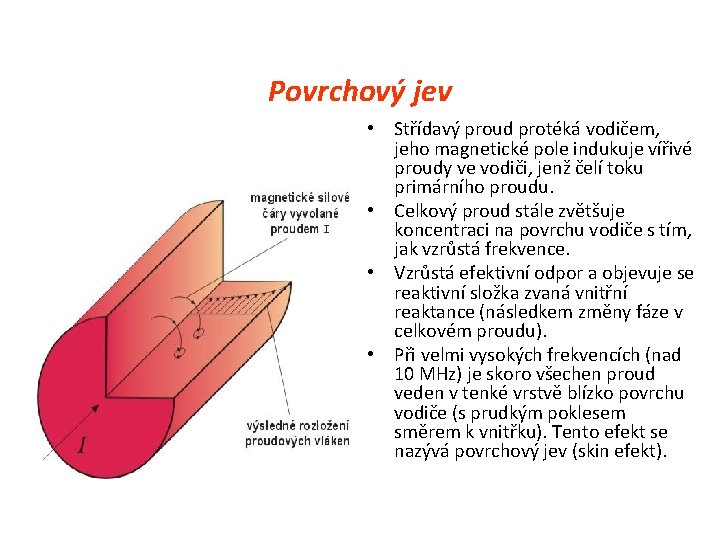 Povrchový jev • Střídavý proud protéká vodičem, jeho magnetické pole indukuje vířivé proudy ve