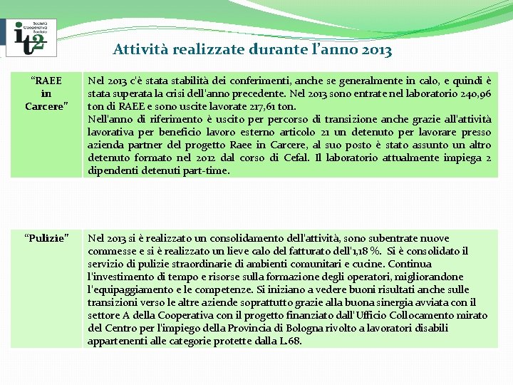  Attività realizzate durante l’anno 2013 “RAEE in Carcere” Nel 2013 c’è stata stabilità