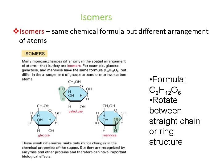 Isomers v. Isomers – same chemical formula but different arrangement of atoms • Formula: