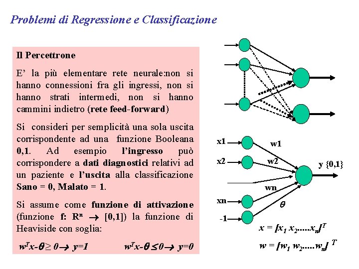 Problemi di Regressione e Classificazione Il Percettrone E’ la più elementare rete neurale: non