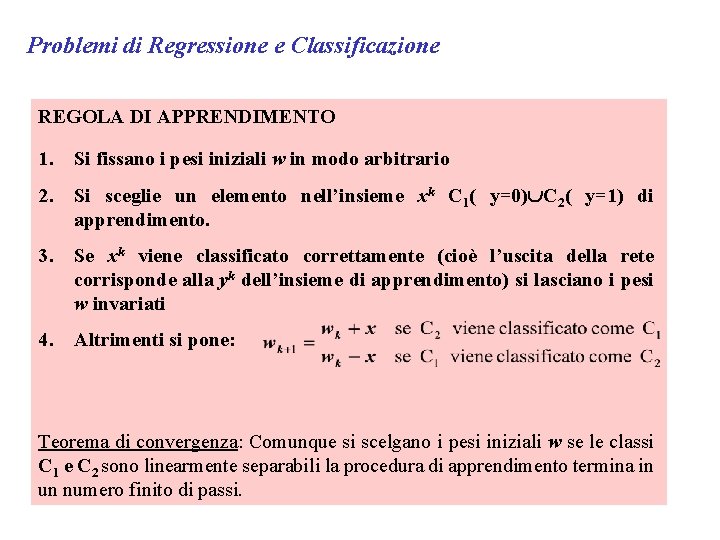 Problemi di Regressione e Classificazione REGOLA DI APPRENDIMENTO 1. Si fissano i pesi iniziali