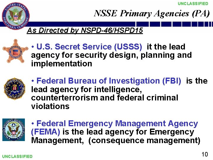 UNCLASSIFIED NSSE Primary Agencies (PA) As Directed by NSPD-46/HSPD 15 • U. S. Secret