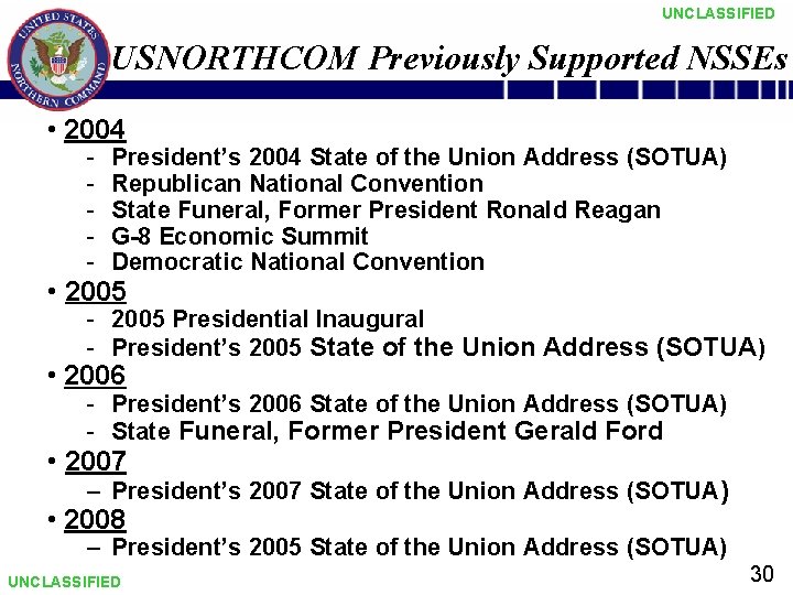 UNCLASSIFIED USNORTHCOM Previously Supported NSSEs • 2004 - President’s 2004 State of the Union