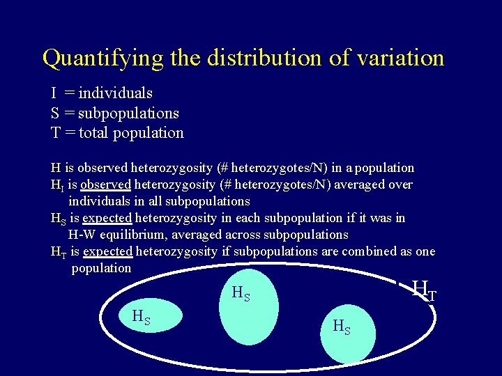 Quantifying the distribution of variation I = individuals S = subpopulations T = total