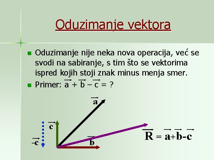 Oduzimanje vektora n n Oduzimanje nije neka nova operacija, već se svodi na sabiranje,