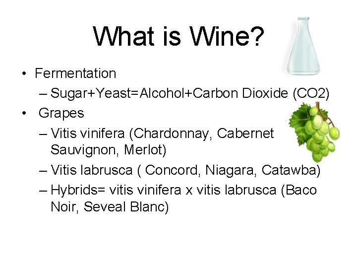 What is Wine? • Fermentation – Sugar+Yeast=Alcohol+Carbon Dioxide (CO 2) • Grapes – Vitis