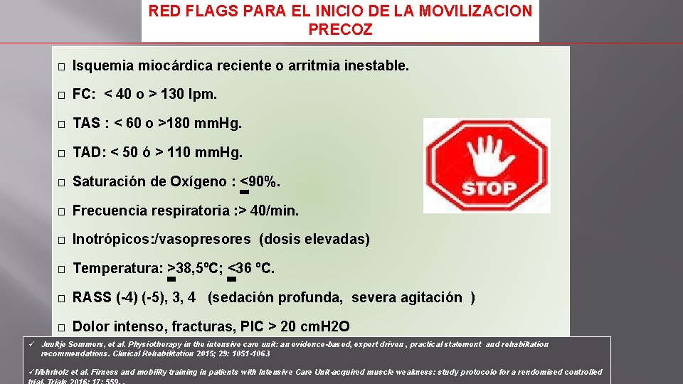 RED FLAGS PARA EL INICIO DE LA MOVILIZACION PRECOZ � Isquemia miocárdica reciente o