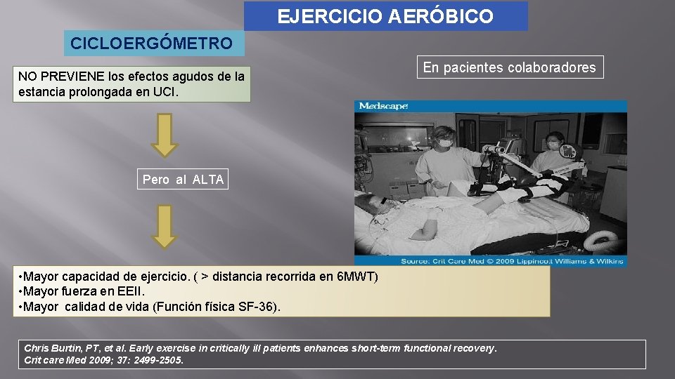 EJERCICIO AERÓBICO CICLOERGÓMETRO NO PREVIENE los efectos agudos de la estancia prolongada en UCI.