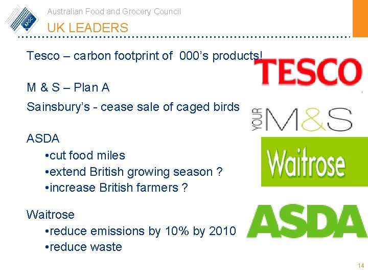 Australian Food and Grocery Council UK LEADERS Tesco – carbon footprint of 000’s products!