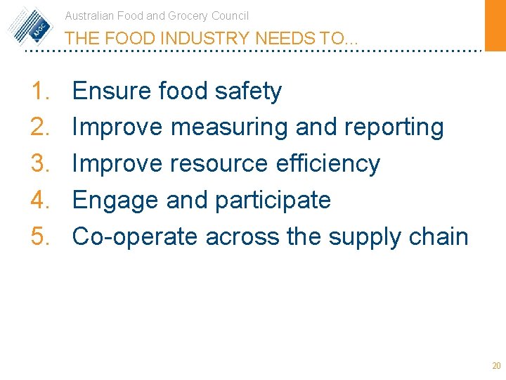 Australian Food and Grocery Council THE FOOD INDUSTRY NEEDS TO. . . 1. 2.