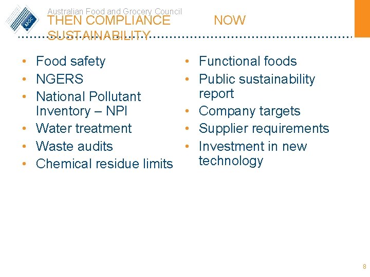 Australian Food and Grocery Council THEN COMPLIANCE SUSTAINABILITY • Food safety • NGERS •