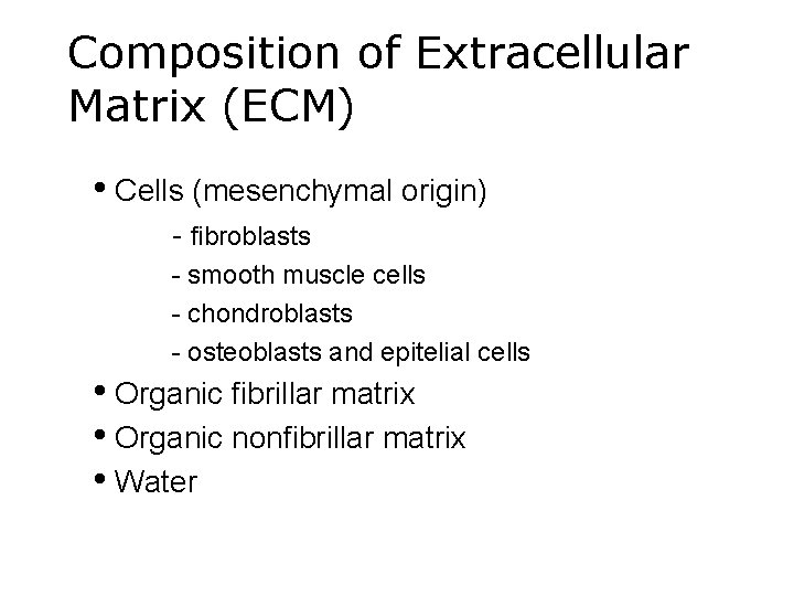 Composition of Extracellular Matrix (ECM) • Cells (mesenchymal origin) - fibroblasts - smooth muscle Composition of Extracellular Matrix (ECM) • Cells (mesenchymal origin) - fibroblasts - smooth muscle