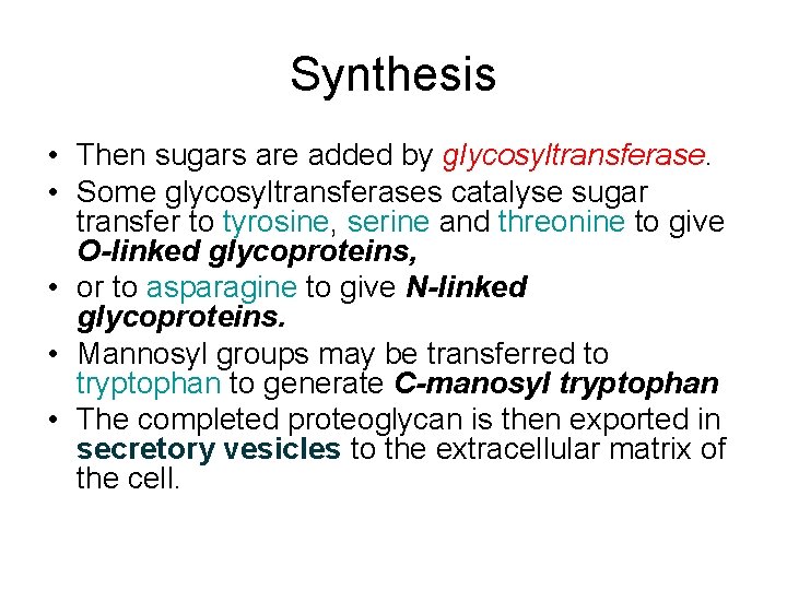 Synthesis • Then sugars are added by glycosyltransferase. • Some glycosyltransferases catalyse sugar transfer Synthesis • Then sugars are added by glycosyltransferase. • Some glycosyltransferases catalyse sugar transfer