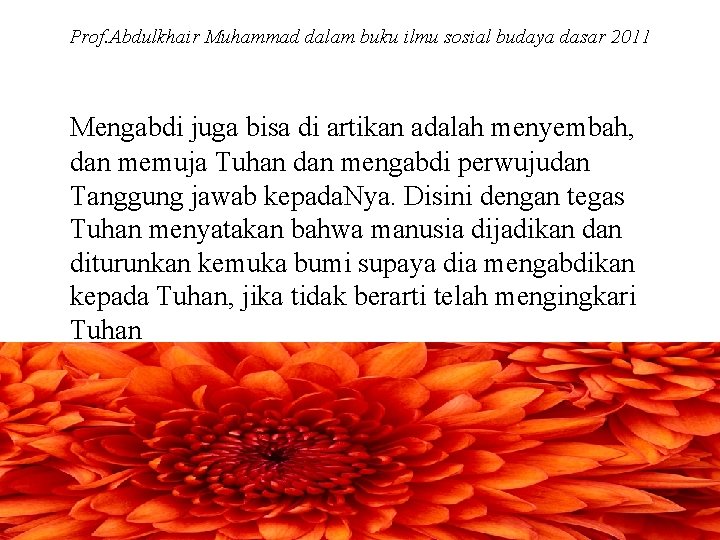 Prof. Abdulkhair Muhammad dalam buku ilmu sosial budaya dasar 2011 Mengabdi juga bisa di