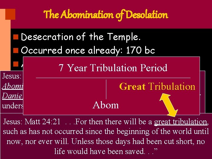 The Abomination of Desolation n Desecration of the Temple. n Occurred once already: 170