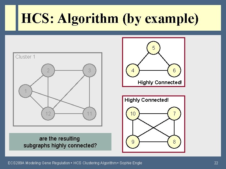 HCS: Algorithm (by example) 5 Cluster 1 2 3 4 6 Highly Connected! 12