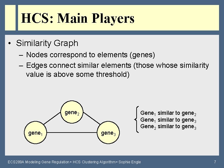 HCS: Main Players • Similarity Graph – Nodes correspond to elements (genes) – Edges