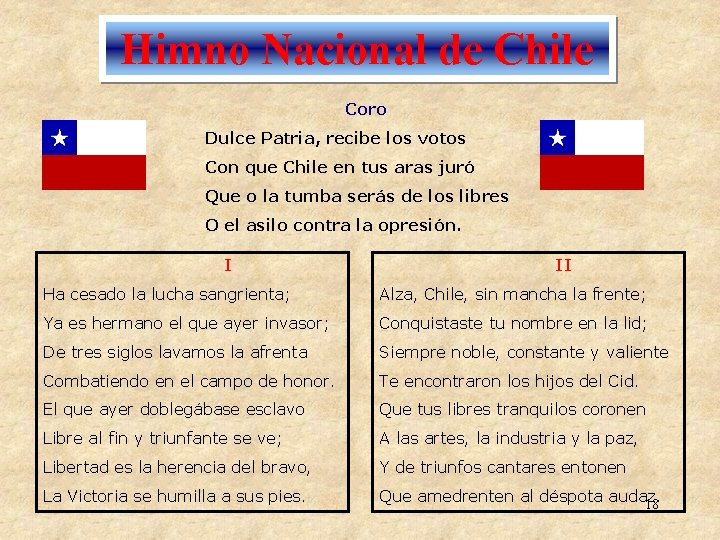 Himno Nacional de Chile Coro Dulce Patria, recibe los votos Con que Chile en