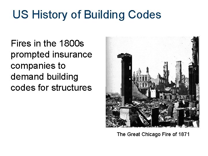 US History of Building Codes Fires in the 1800 s prompted insurance companies to