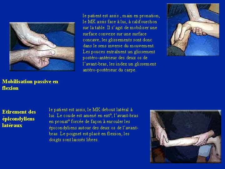 le patient est assis , main en pronation, le MK assis face à lui,