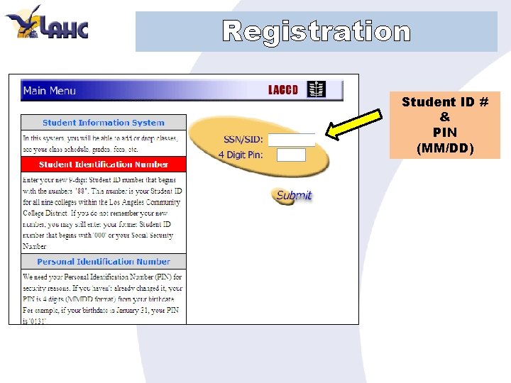 Registration Student ID # & PIN (MM/DD) 