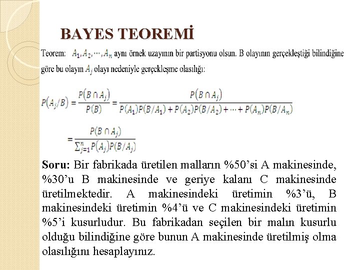 BAYES TEOREMİ Soru: Bir fabrikada üretilen malların %50’si A makinesinde, %30’u B makinesinde ve